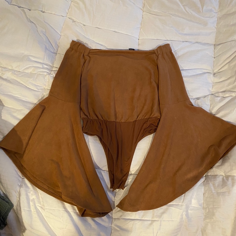 Suede bell sleeve bodysuit